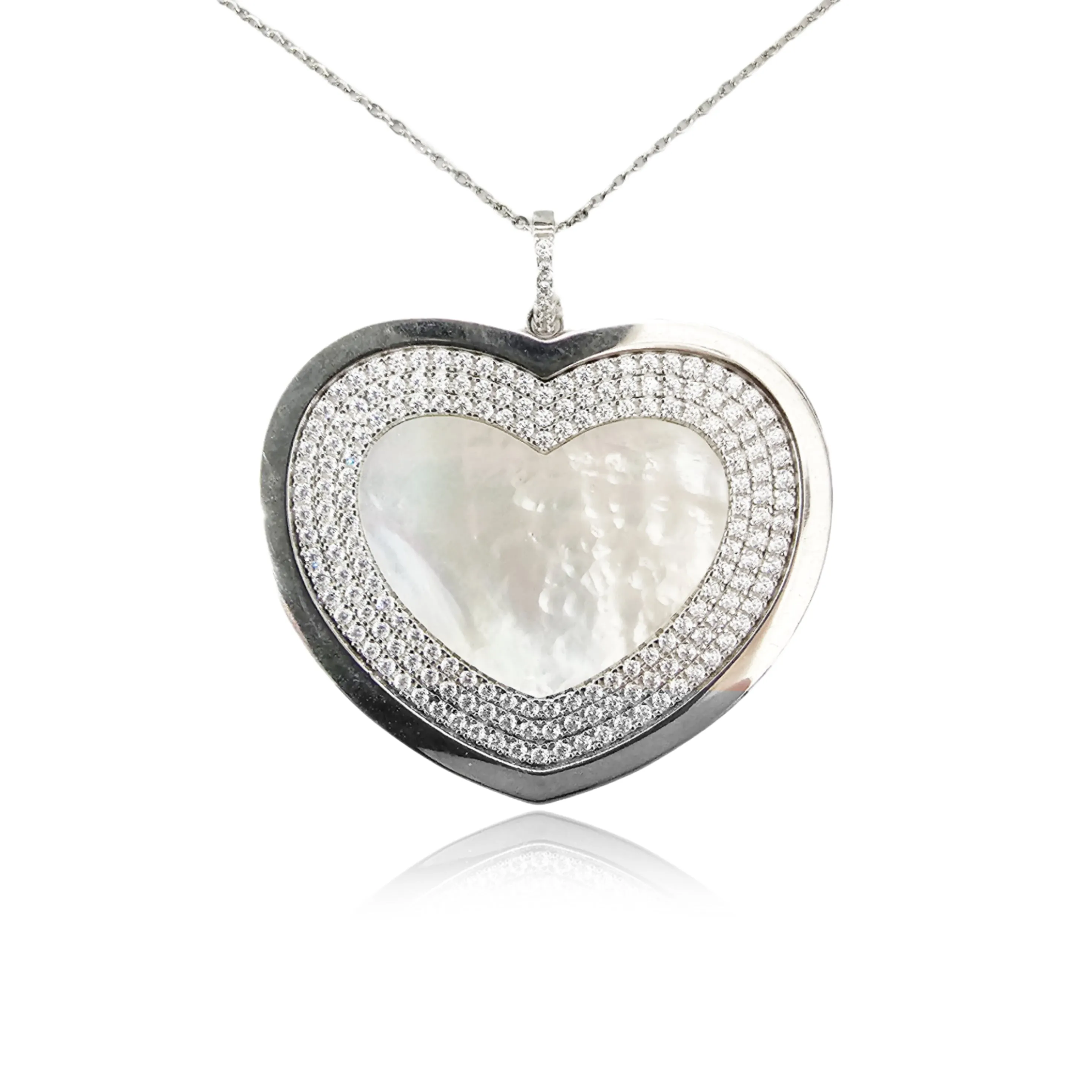 Sterling Silver Large Mother of Pearl Heart CZ Pendant Necklace Excellent Design