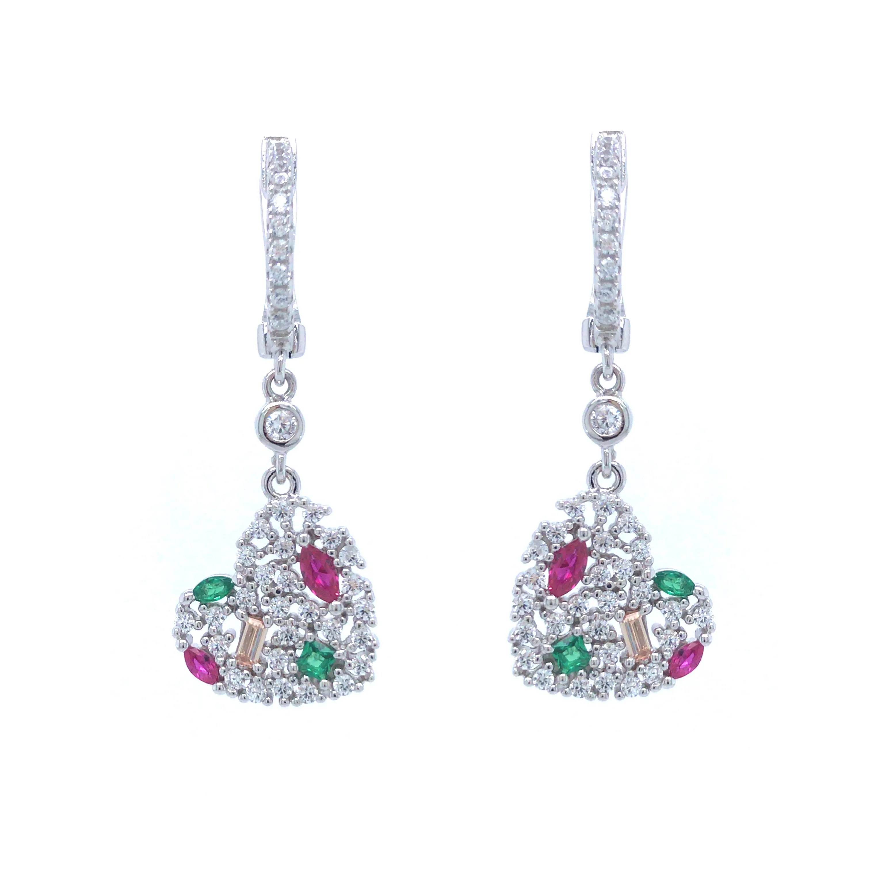 Rhodium Plated Sterling Silver Colorful CZ Heart Earrings Office Decoration