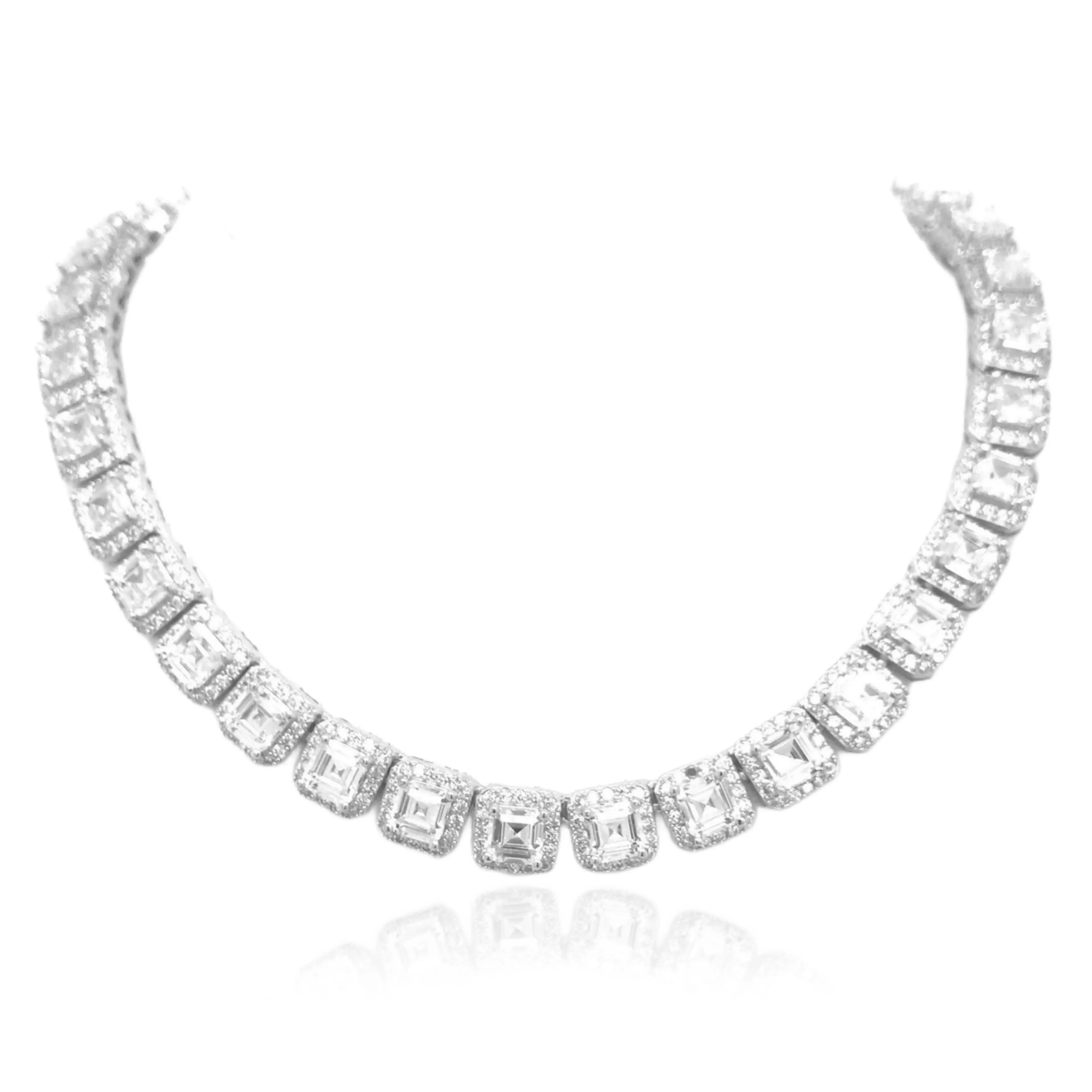 Rhodium Plated Sterling Silver CZ Square Tennis Necklace Premium Gift Dramatic Accent