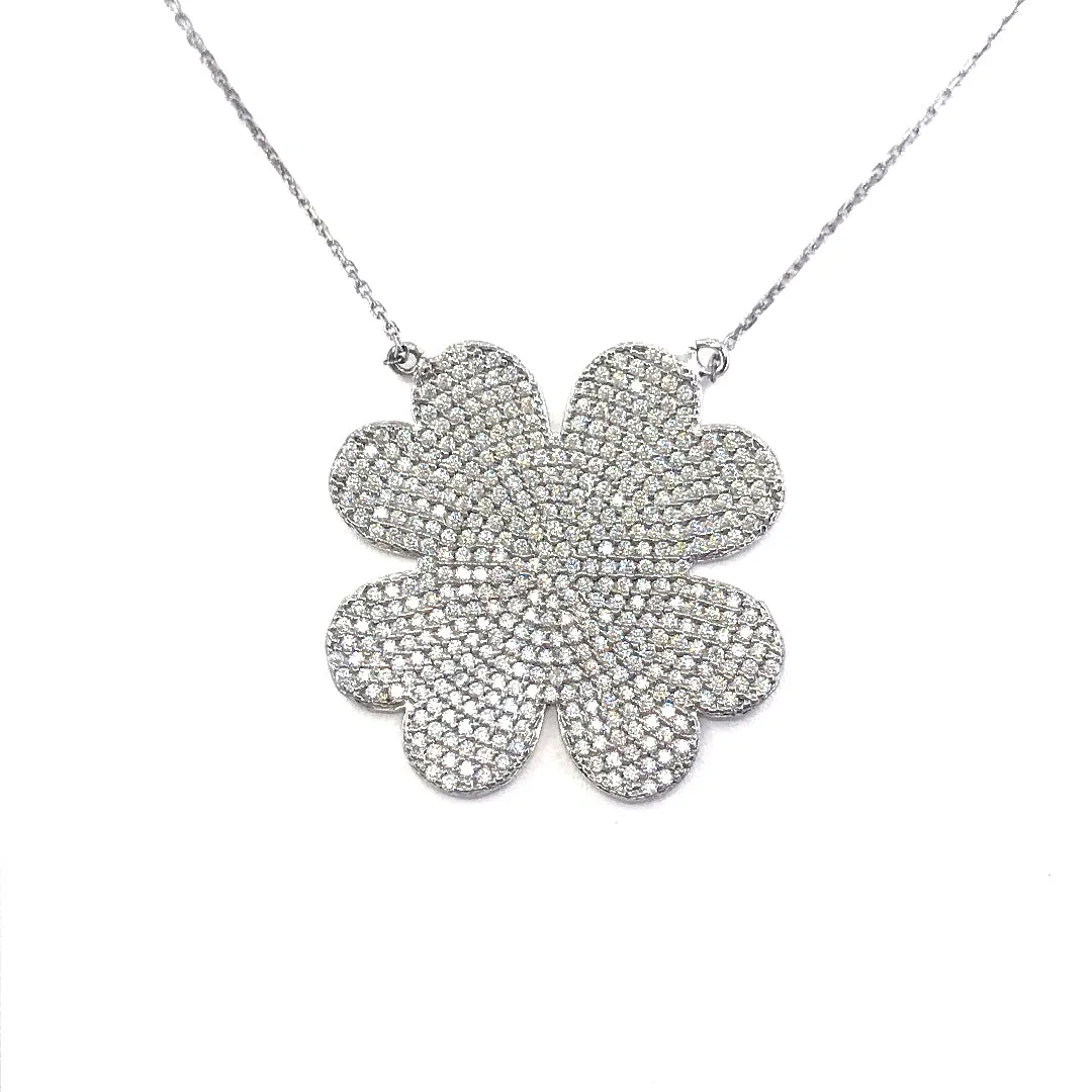 Limited Edition Adornment Rhodium Plated Sterling Silver Micropave CZ Flat Flower Necklace