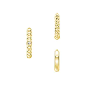 Comfort Fit Dainty Detail Triple Stack Hoop Earrings Set with Lab Grown Diamond Accent