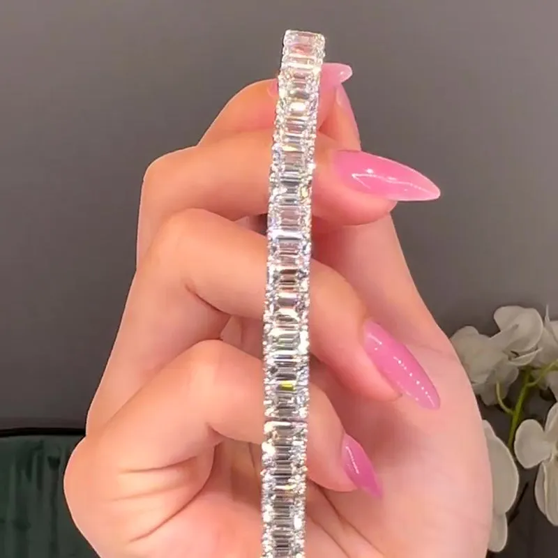 Romantic Classic White Emerald Cut Bracelet for Women In Sterling Silver Charming Gifts Formal touch