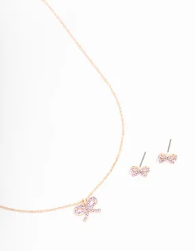 Rose Gold Bow Diamante Jewellery Set Classic Pieces Polished Lines