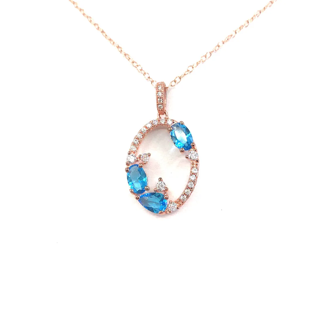 Rose Gold Plated Sterling Silver Blue CZ Oval Pendant Necklace Adventure Style