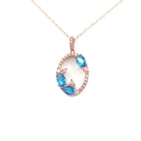 Rose Gold Plated Sterling Silver Blue CZ Oval Pendant Necklace Adventure Style