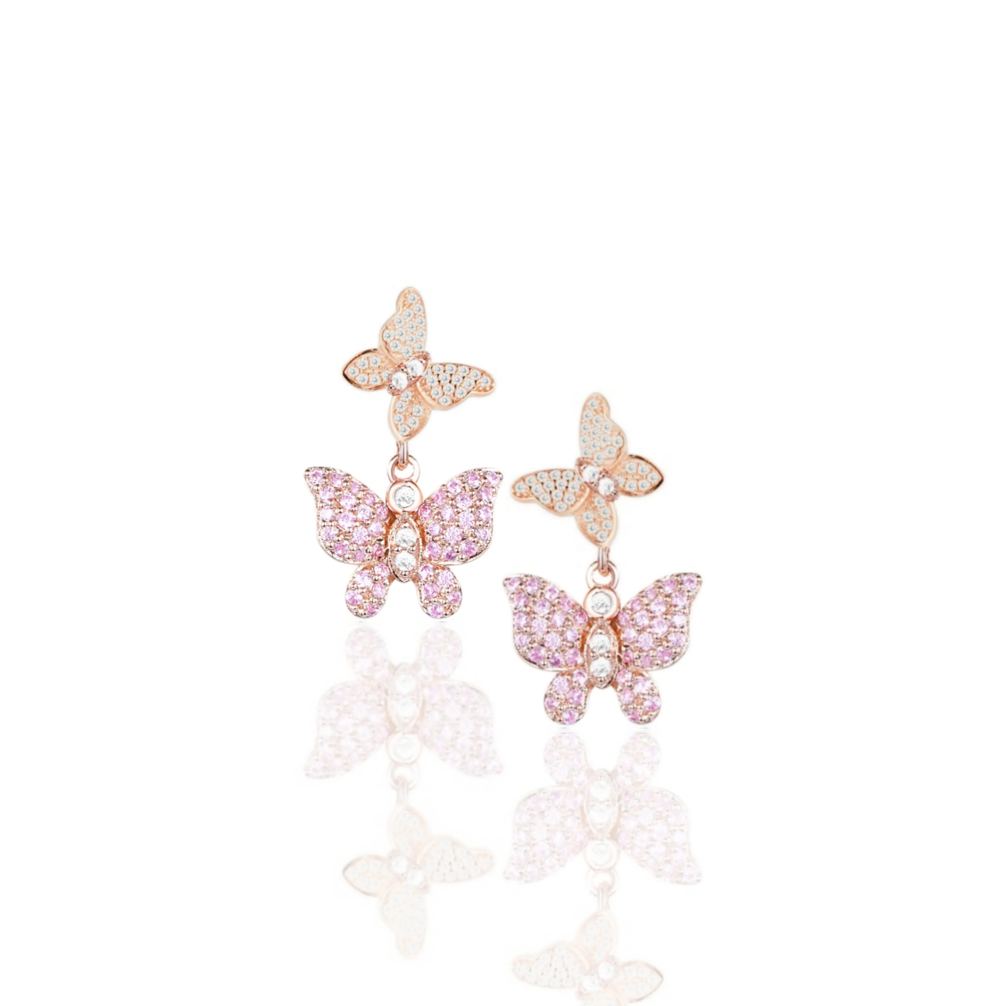 Winter Embellishment Rose Gold Plated Sterling Silver Double Butterfly Earrings