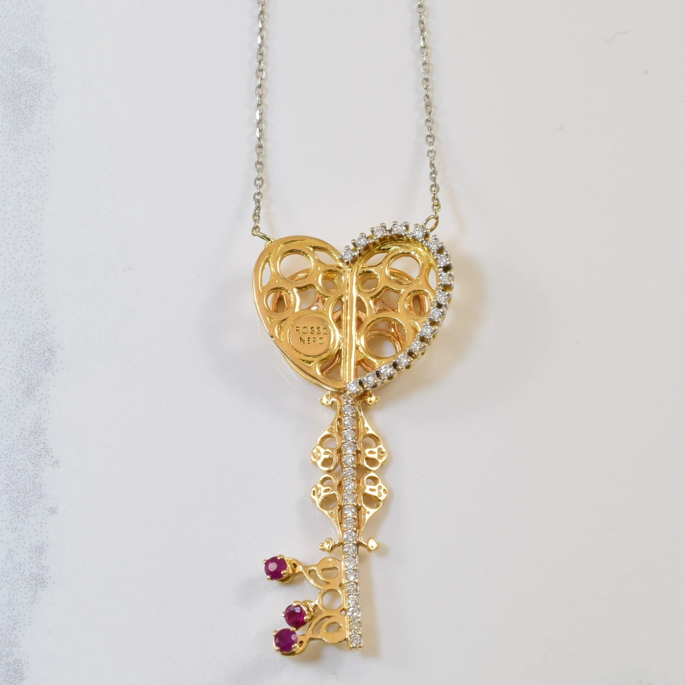 Premium Jewelry Soft Tone ROSSONERO' Diamond & Ruby Key Necklace | 0.18ctw, 0.12ctw |