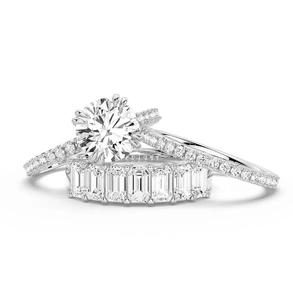 Refined Balance Casual Harmony Round Cut Moissanite Ring Set with Matching Stacking Band