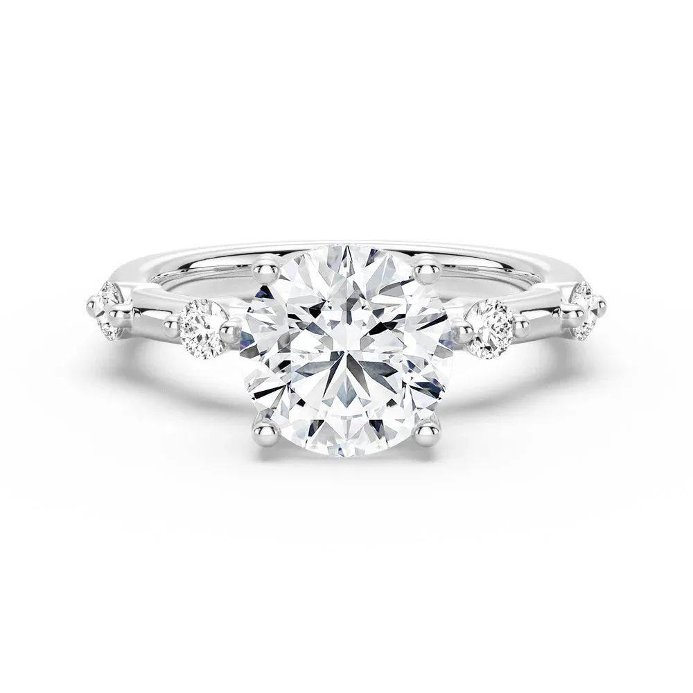 Round Cut Moissanite Ring with Diamond Spaced Band and Hidden Halo Sturdy Style