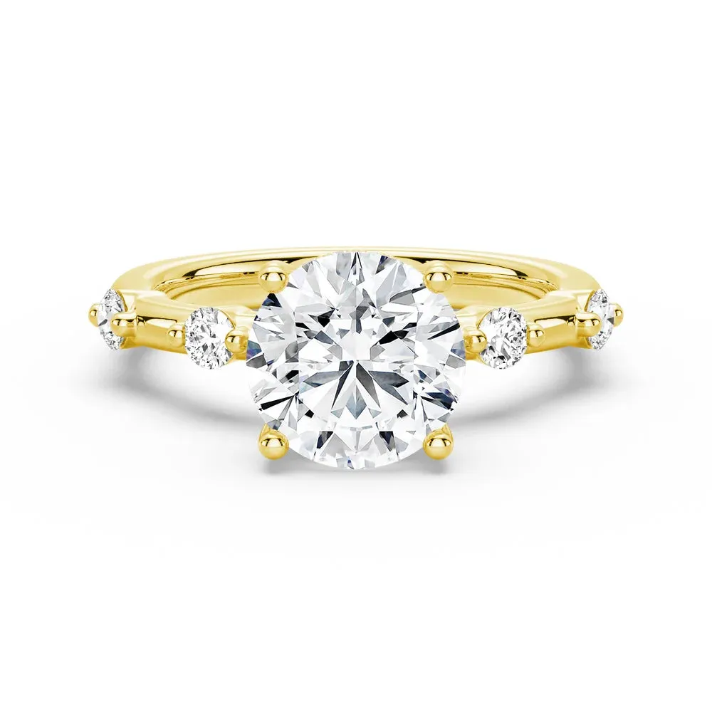Organic Material Eternal Product Round Cut Moissanite Ring with Diamond Spaced Band and Hidden Halo