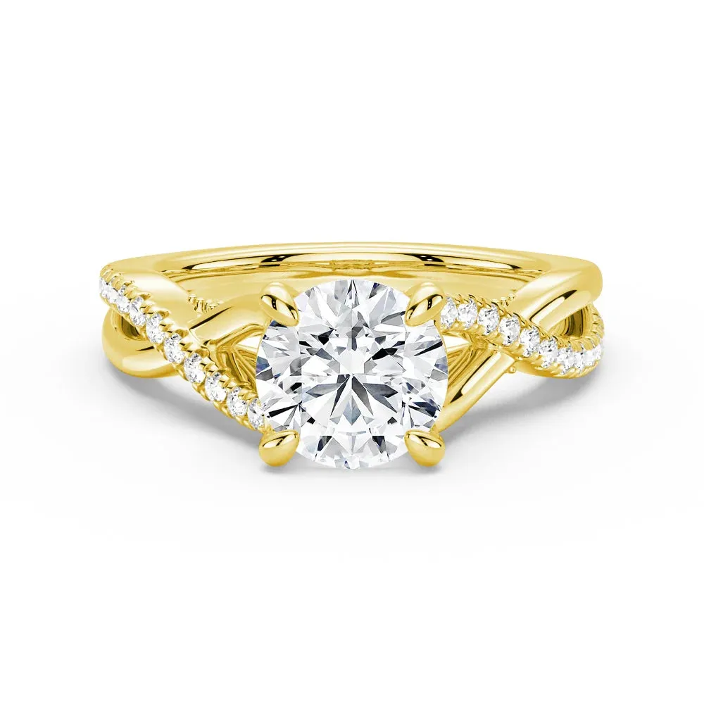 Subtle tone Round Moissanite Twisted Band Engagement Ring with Hidden Accents