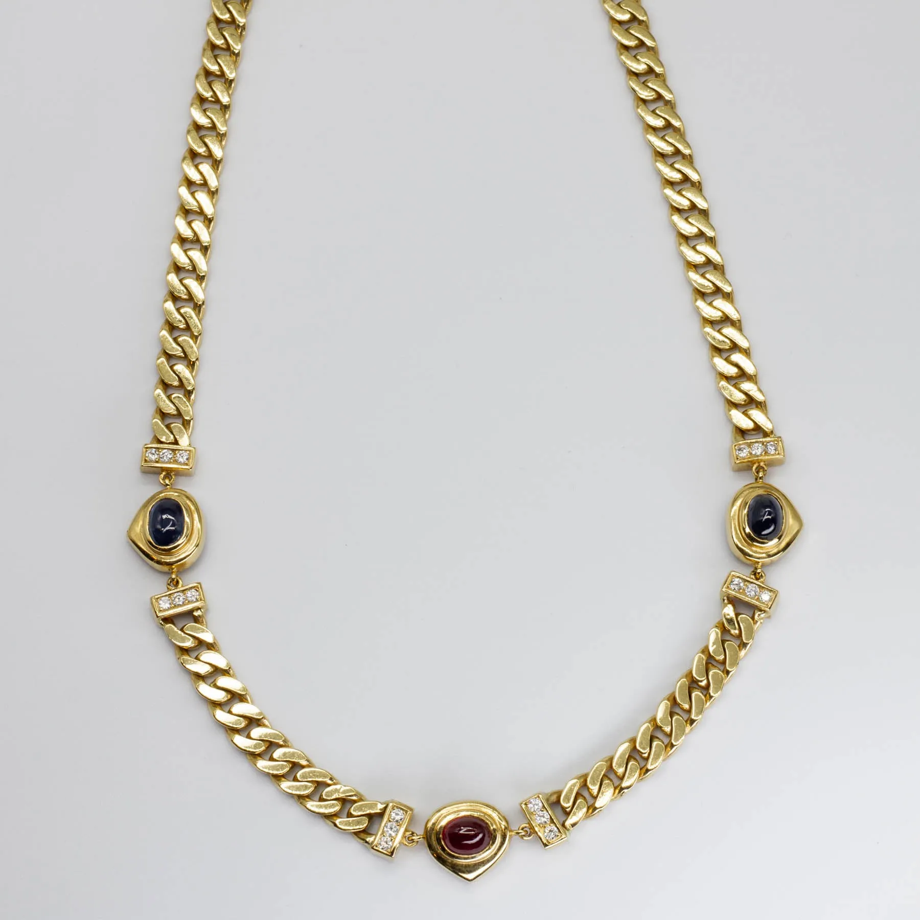 Sparkling Style Everyday Shine Sapphire, Ruby Cabochon and Diamond Curb Chain Necklace | 2.9ctw, 1.5ctw 0.5ctw | 17" |