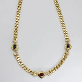 Sparkling Style Everyday Shine Sapphire, Ruby Cabochon and Diamond Curb Chain Necklace | 2.9ctw, 1.5ctw 0.5ctw | 17" |
