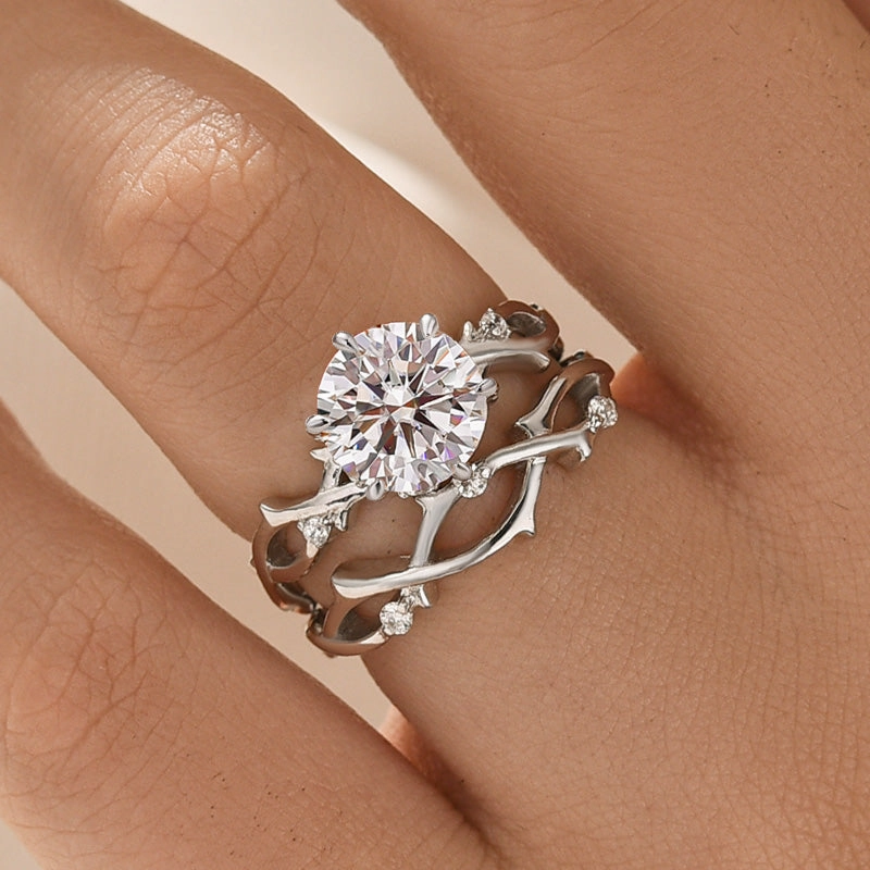 Moissanite 2.0 Ct Twig 6 Prong Round Cut Twist White Gold Wedding Set Street Style Polished Form