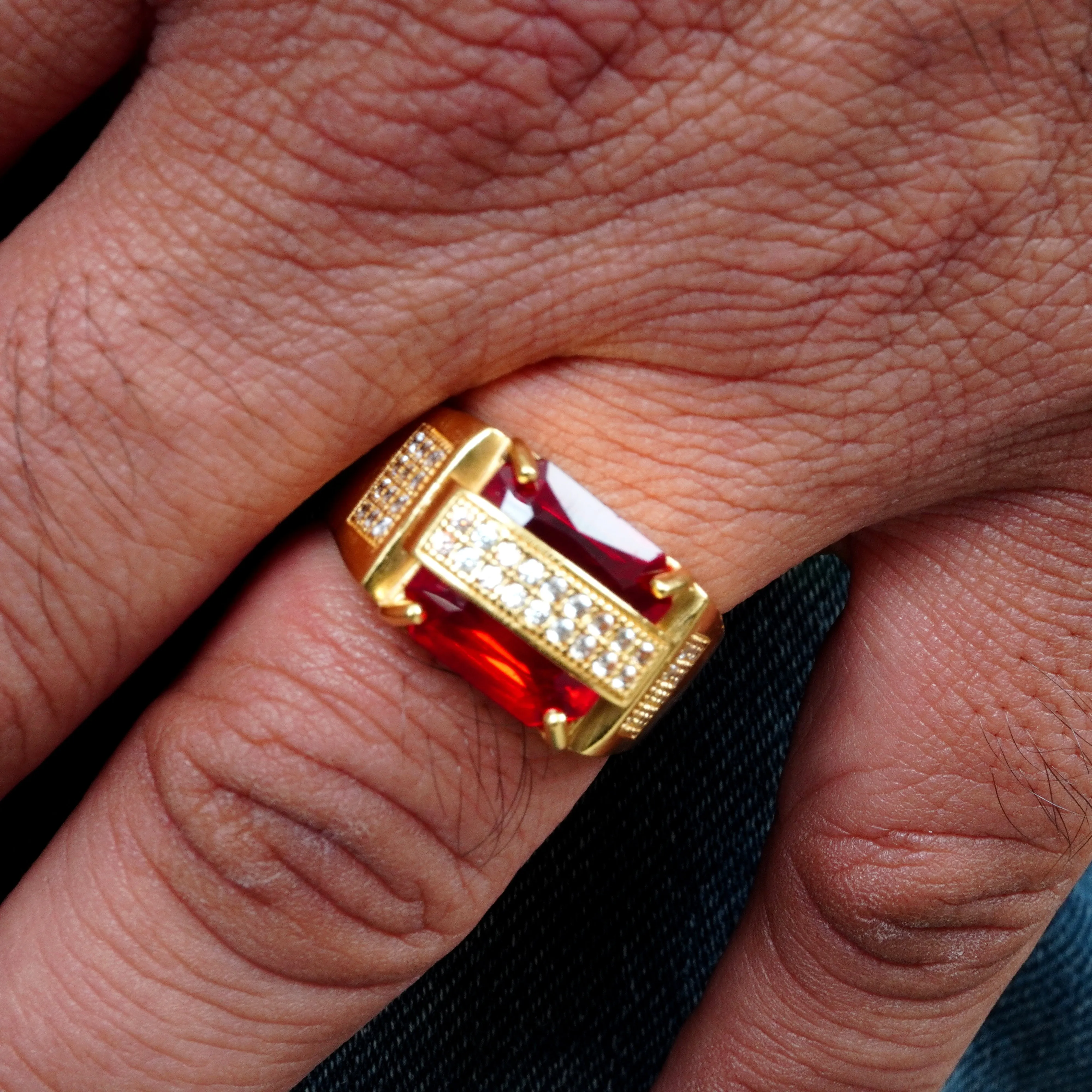 Delicate Shine Sentimental Embellishment Freemen Square Red with AD Stone Golden Ring  - FMRI01