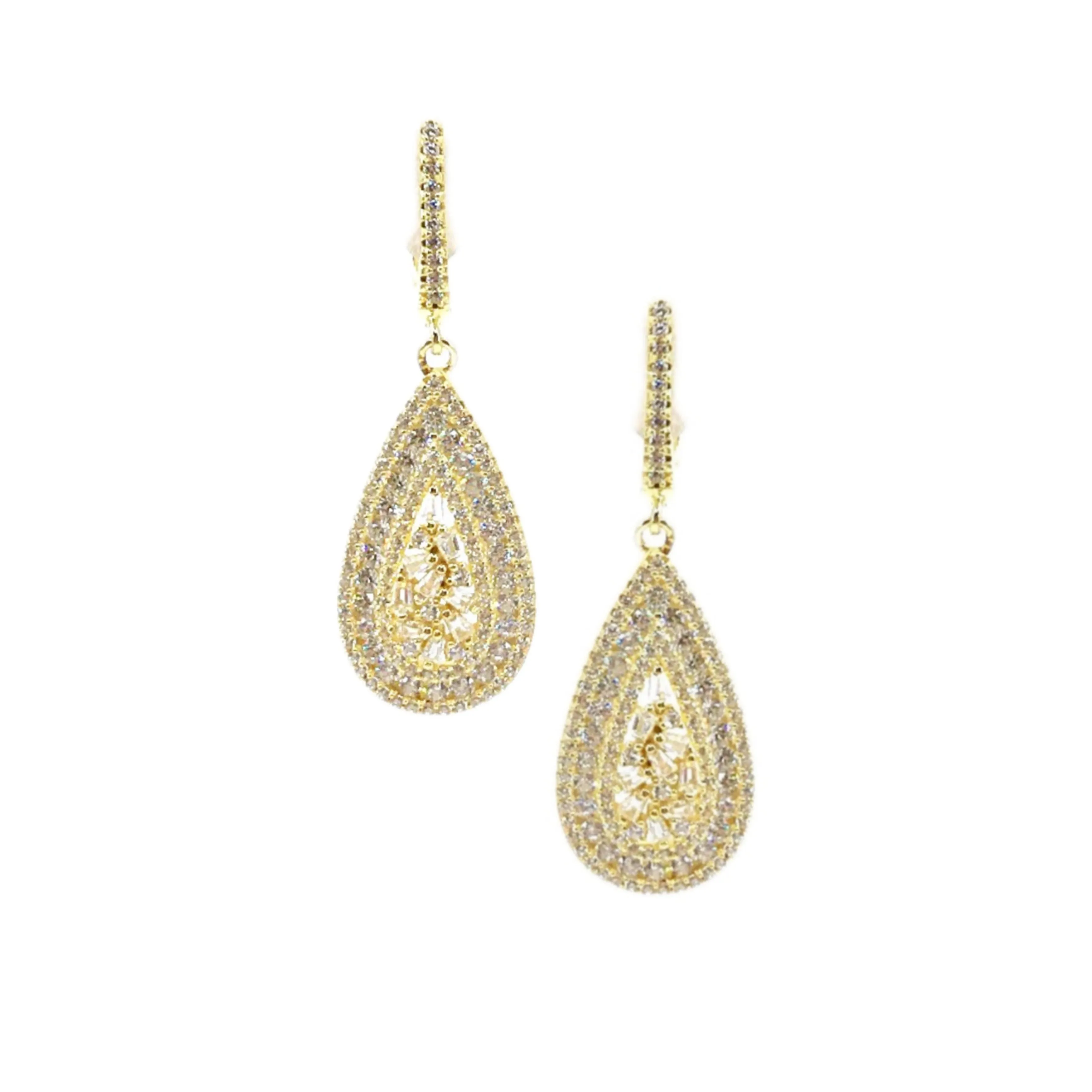 Iridescent Adornment Gold Plated Sterling Silver Teardrop CZ Micropave Earrings