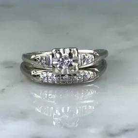 Romantic Craft Antique Diamond Bridal Set. Engagement Ring and Wedding Band. 14K White Gold. Size 6