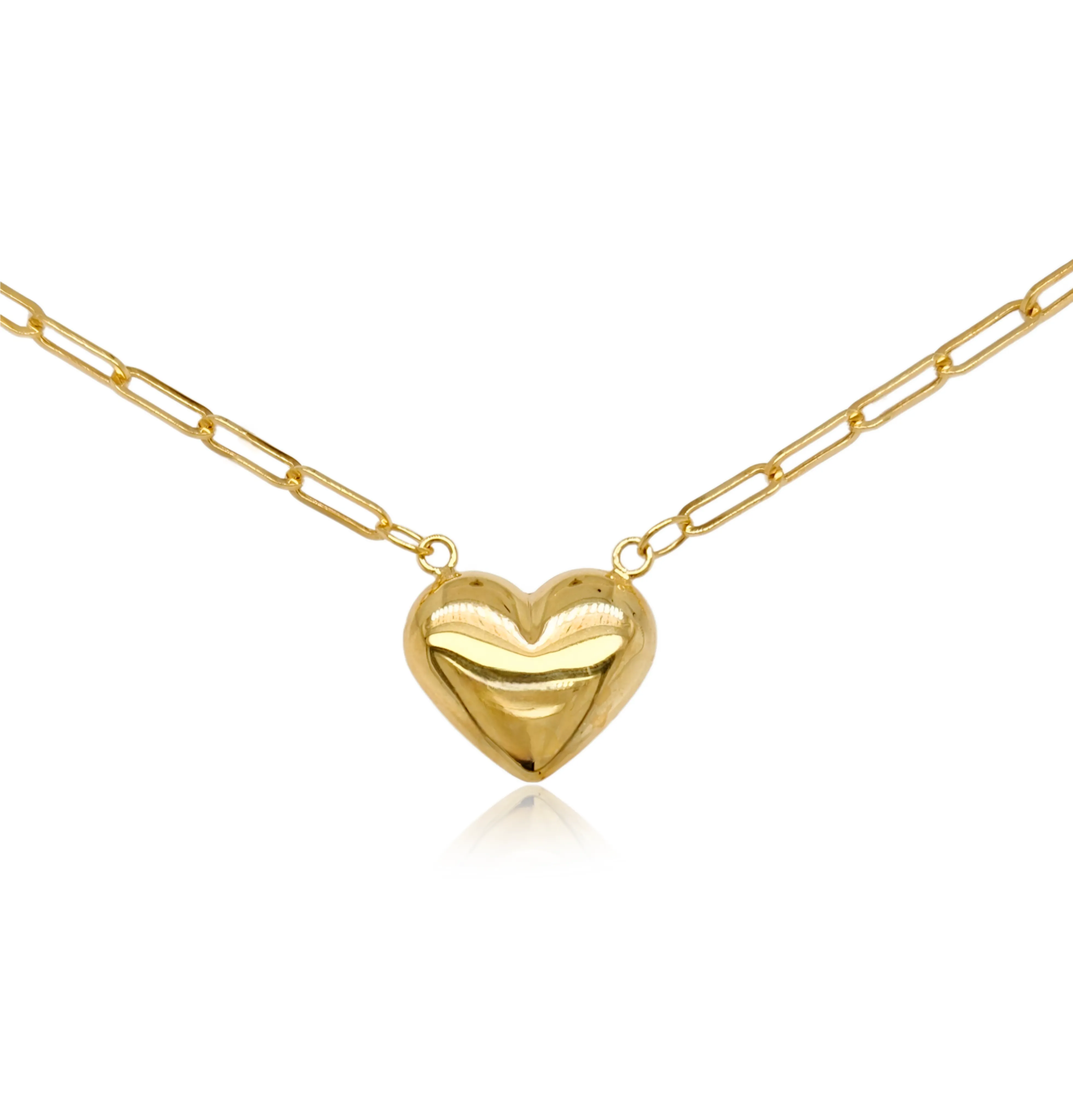 Formal Jewelry For Sister 14K Gold Puffy Heart on Paperclip Chain Necklace
