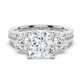 Sharp Angle Double Row Pave Three Stone Princess Cut Moissanite Engagement Ring