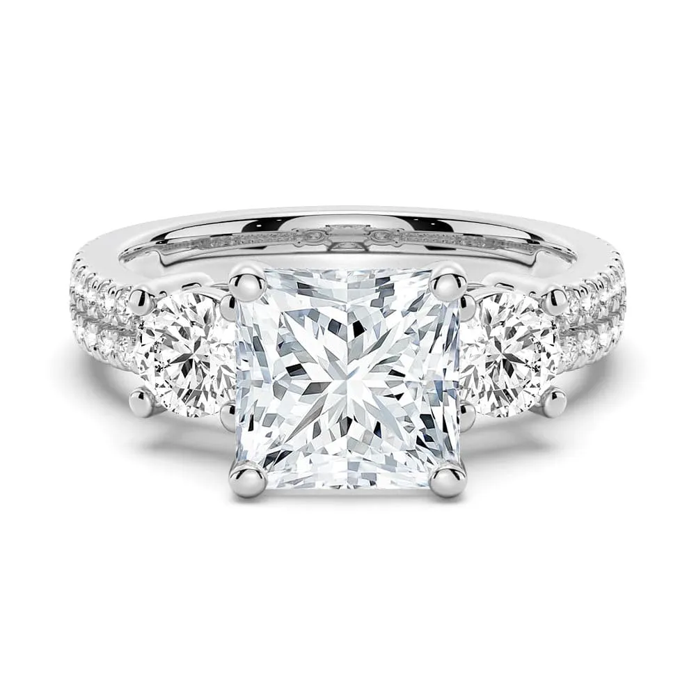 Sharp Angle Double Row Pave Three Stone Princess Cut Moissanite Engagement Ring