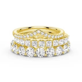 Dynamic Feature Brilliant Accent Round And Princess Moissanite Eternity Bands with Curved V Wedding Stacking Rings