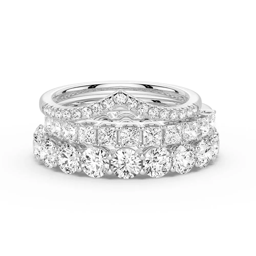 Round And Princess Moissanite Eternity Bands with Curved V Wedding Stacking Rings Sleek Detailing Subtle Fit
