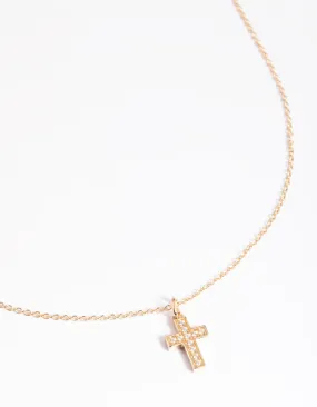 Gold Plated Sterling Silver Cubic Zirconia Cross Necklace Polished Edge Glowing Detail