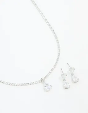 Silver Cubic Zirconia Drop Pear Necklace & Earrings Set Effortless Glimmer Contemporary Style