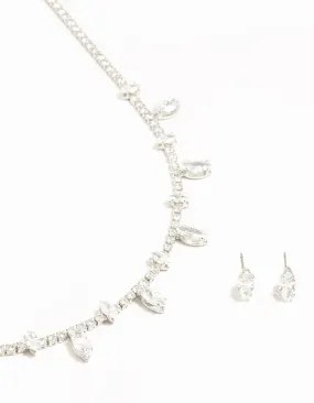 Silver Cubic Zirconia Navette Charm Earrings & Necklace Set Comfort Mood