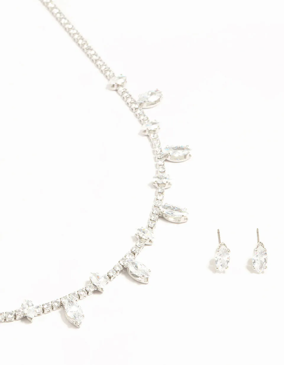 Silver Cubic Zirconia Navette Charm Earrings & Necklace Set Comfort Mood