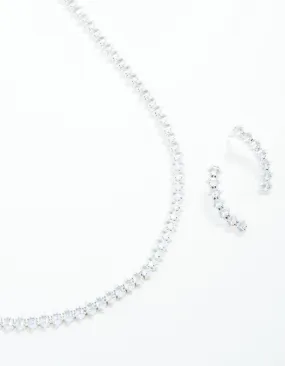 Silver Cubic Zirconia Navette Necklace & Earrings Set Glistening Shine Editorial Look