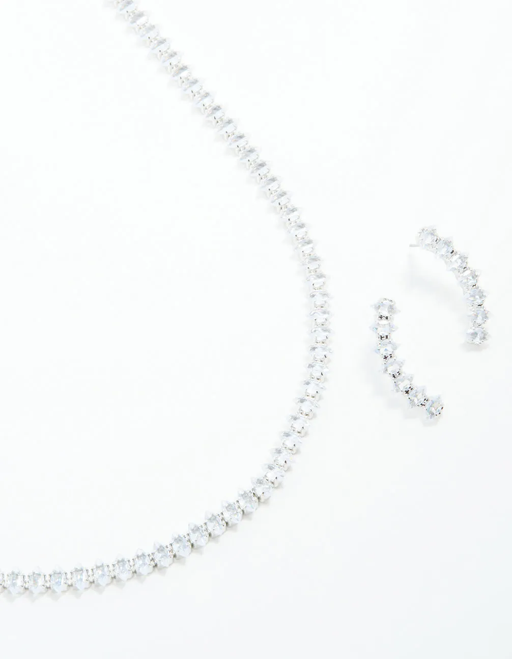 Silver Cubic Zirconia Navette Necklace & Earrings Set Glistening Shine Editorial Look