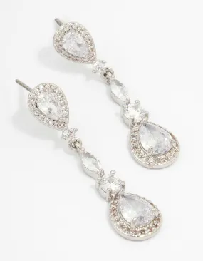 Sophisticated Finish Flat Shot Silver Cubic Zirconia Pear Halo Drop Earrings