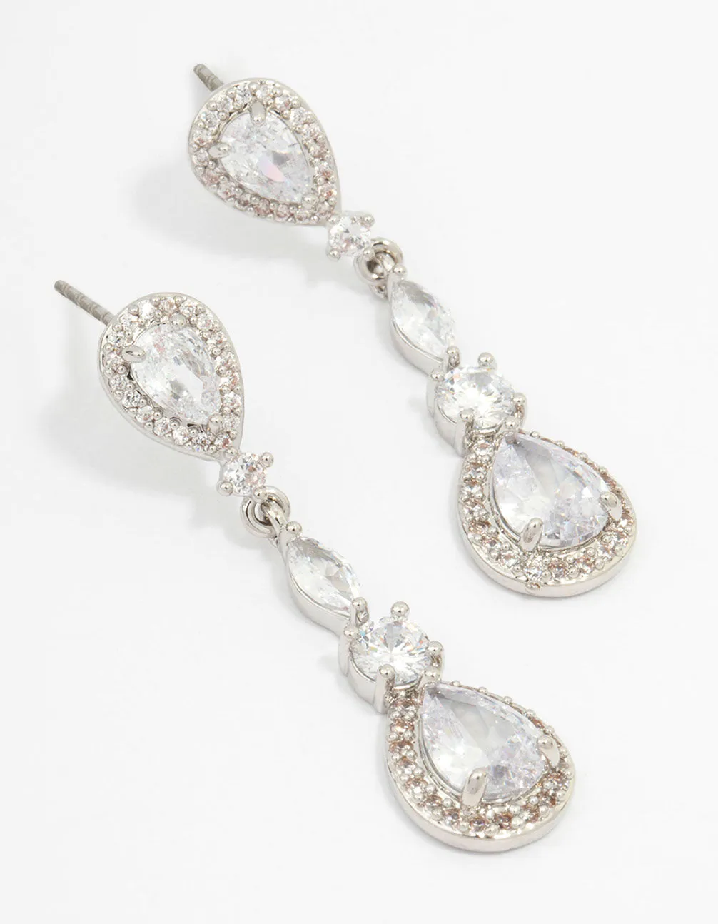 Sophisticated Finish Flat Shot Silver Cubic Zirconia Pear Halo Drop Earrings