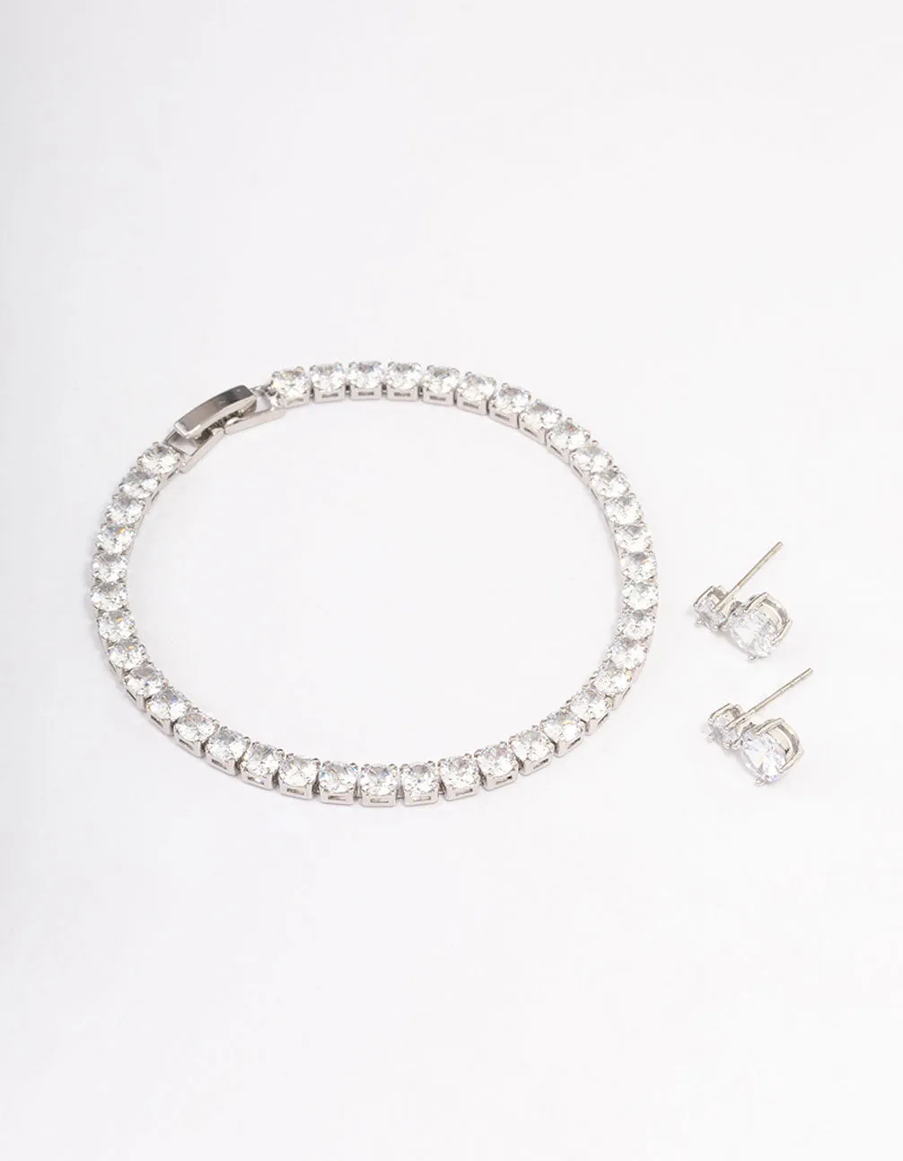 Silver Cubic Zirconia Round Graduating Earrings & Tennis Bracelet Set Travel Style Elegant Finish