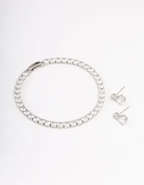 Silver Cubic Zirconia Round Graduating Earrings & Tennis Bracelet Set Travel Style Elegant Finish
