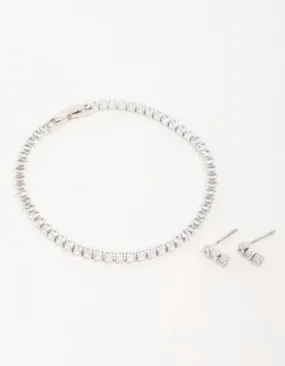 Silver Diamante Marquise Earrings & Tennis Bracelet Set Polished Edge Vibrant Feel