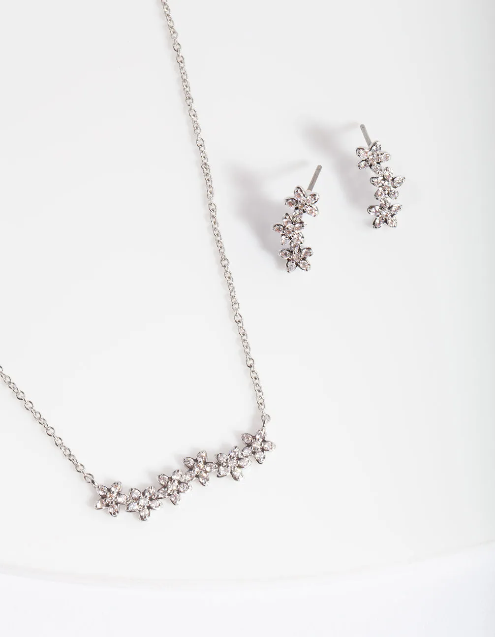 Silver Diamond Simulant Flower Cluster Necklace & Earrings Set Feminine Edge gentle touch