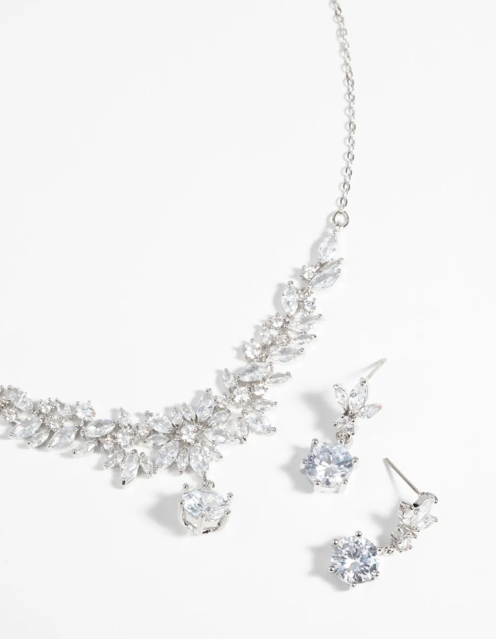 Fresh Detail Silver Diamond Simulant Navette Necklace & Earrings Set