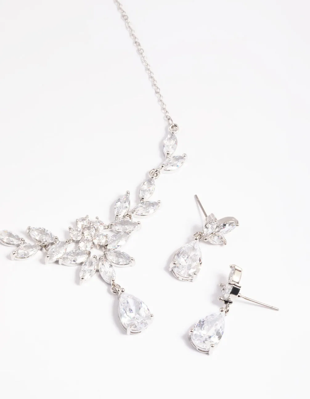 Silver Diamond Simulant Teardrop Necklace & Earrings Set Refined Texture