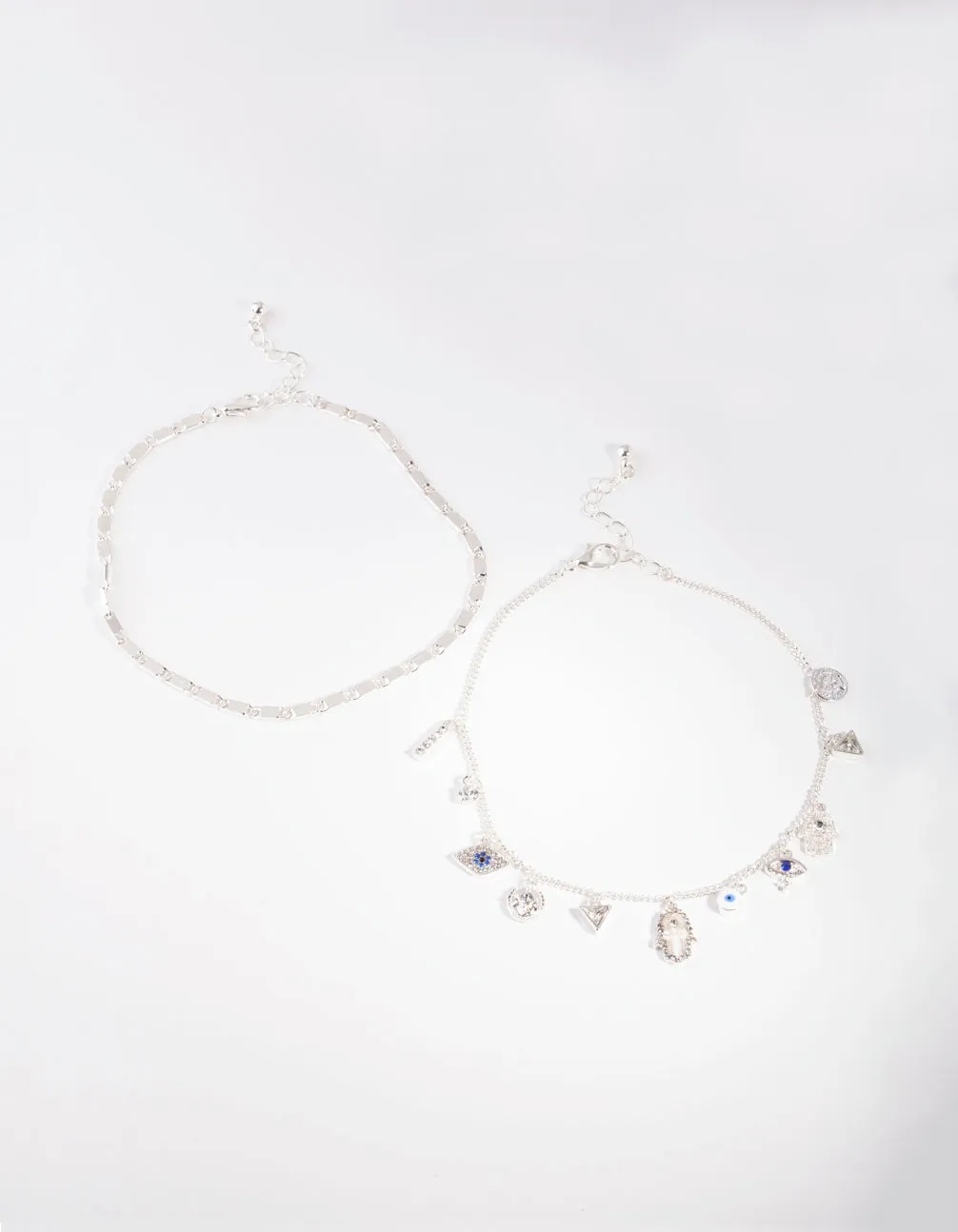 Silver Evil Eye Charm Anklet Set Minimal Piece