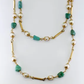 Luxurious Touch Vintage Style Pearls and Turquoise Beads Necklace | 36"|
