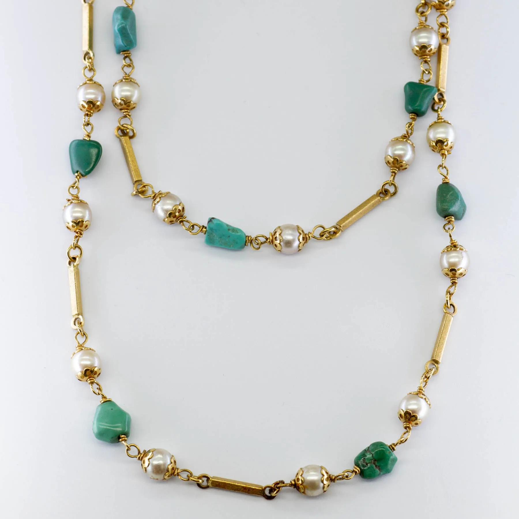 Luxurious Touch Vintage Style Pearls and Turquoise Beads Necklace | 36"|
