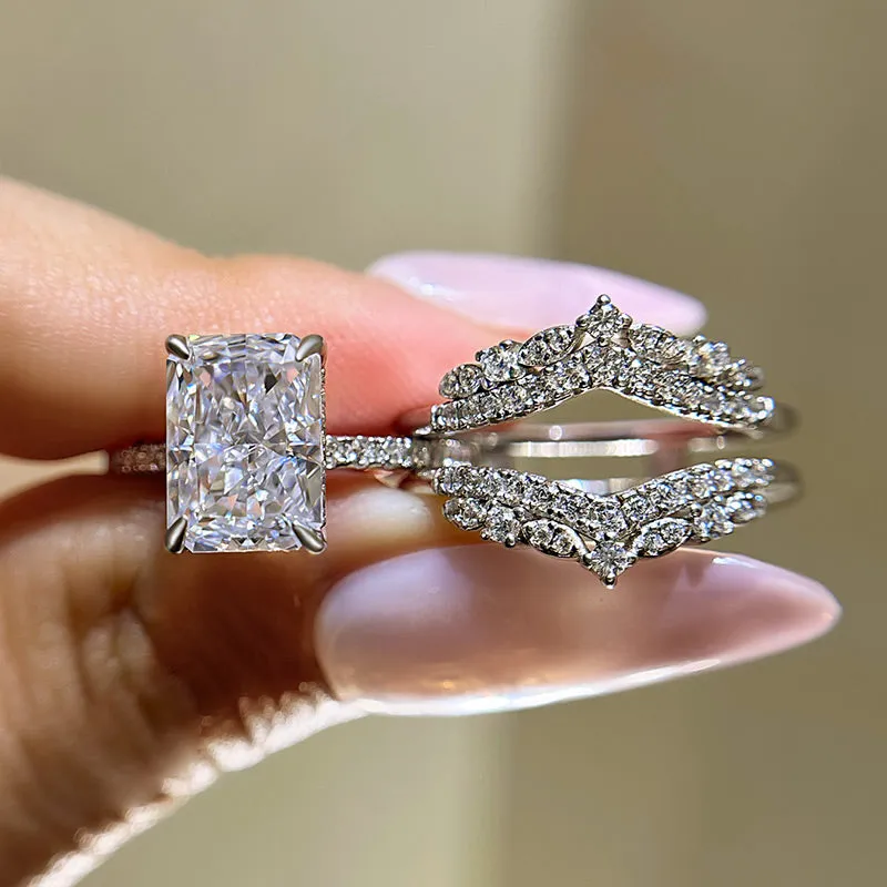 Louily Elegant Radiant Cut Insert Wedding Ring Set For Women In Sterling Silver Flat Frame Exclusive Shine