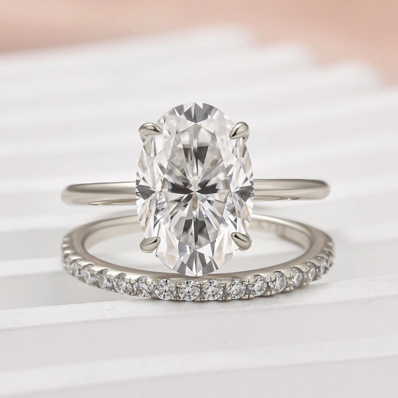 Louily Moissanite 4.0 Ct Hidden Halo Solitaire Oval Cut Wedding Ring Polished Accent Ornate Design