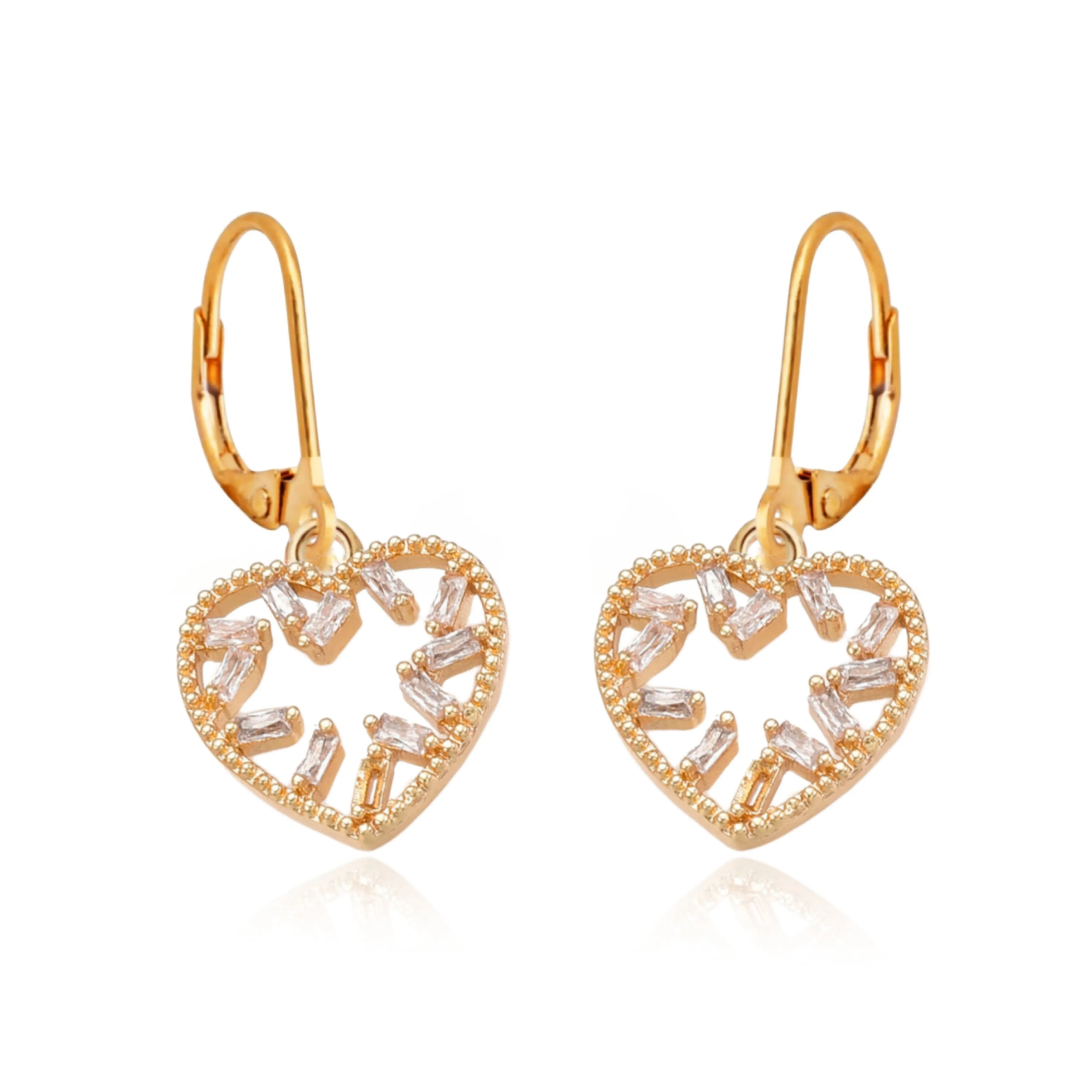 Formal Ornament Surgical Steel Heart With Baguette CZ Earrings