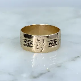 Unique Object Bold Glint Victorian Etched Gold Wedding Band or Stacking Ring in 10k Rose Gold. Estate Jewelry. 1900s. Size 6.