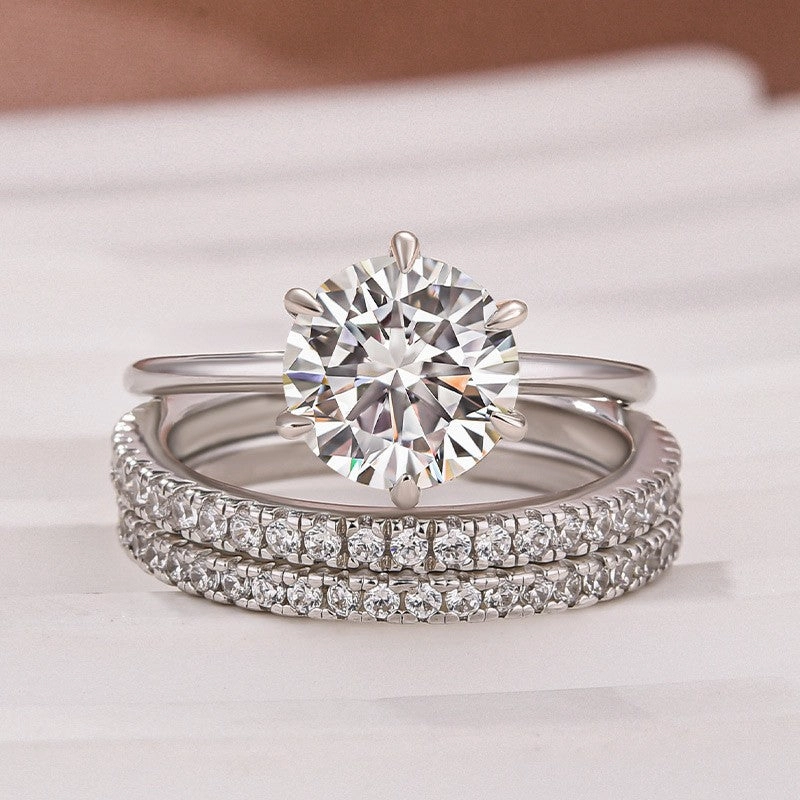 Fashionable Style Bright Pop Solitaire 2.0 Ct Round Cut 3PC White Gold Moissanite Diamond Wedding Ring