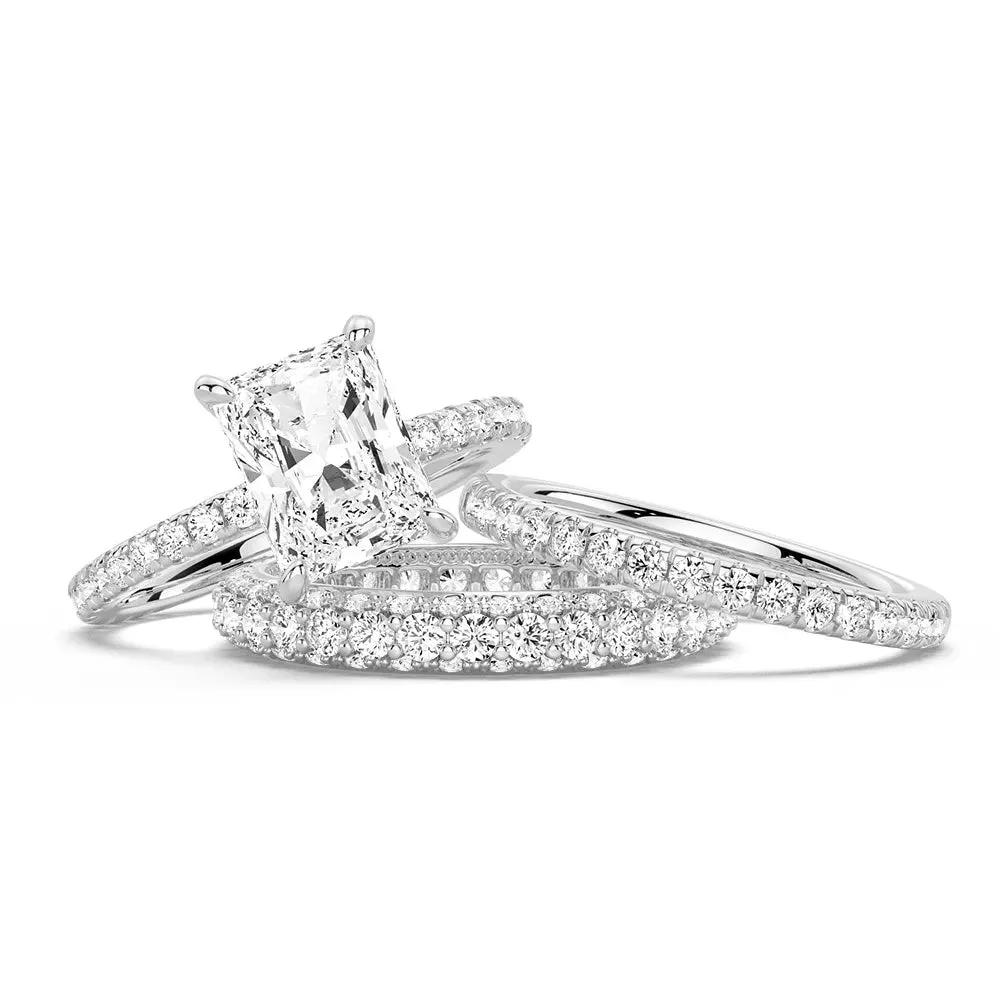 Couple Matching Solitaire Radiant Cut Moissanite Ring Set with Matching Stacking Band