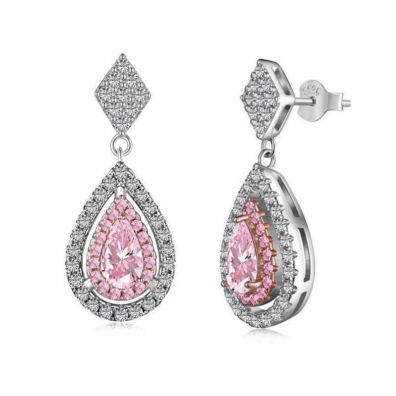 Refined Look Louily Pink Stone Double Halo Pear Cut Women's Earrings